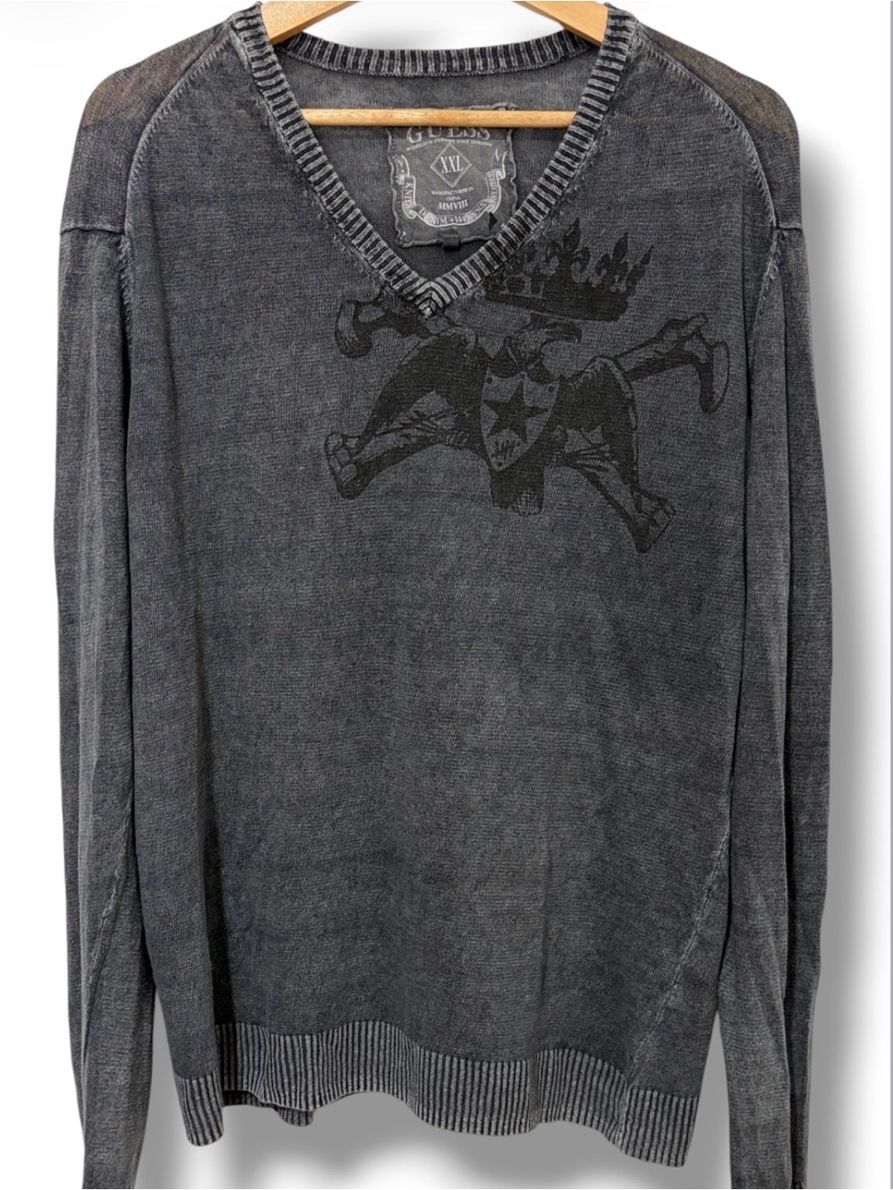 Vintage Guess Y2K Distressed Graphic Knit V-Neck Linen Sweater Size XXL